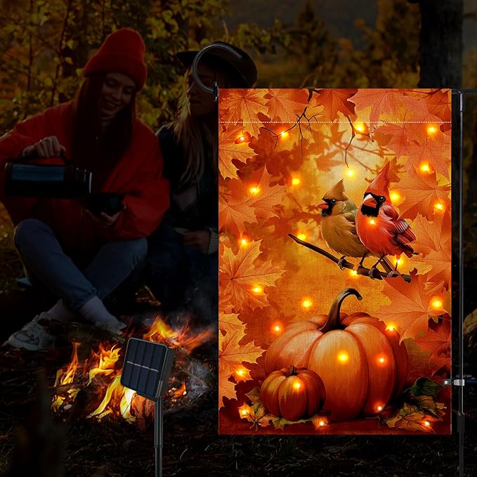 Lighted Cardinals Fall Garden Flag 12 x 18 Inch Double Sided Burlap Led Leaves Bird Garden Flag for Autumn Party Yard Outdoor Decoration