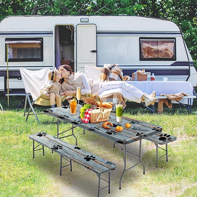 Picnic Table Cover with Bench Covers 72IN 6FT, Camping Essentials Tablecloth Waterproof Oilproof with elastic Edge for Indoor Outdoor Patio (Blue Wood Grain Paw)