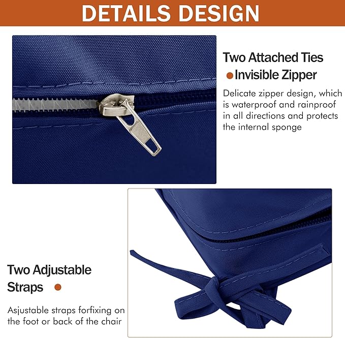 Outdoor Chair Cushions 16 x 17 Inch, Set of 4, Water Resistant Patio Chair Cushions with Tie 3 Year Color Fastness Thick Outdoor Seat Cushion for Garden Lawn Patio Furniture Navy