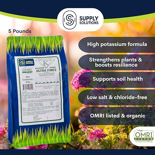 Supply Solutions Sulfate of Potash 0-0-50 - Organic Potash Fertilizer - Suitable for Fertigation, Drip Systems, Foliar, Hydroponics, Greenhouse Use - Ideal for Flowers, Fruits, Gardens (5 Pounds)