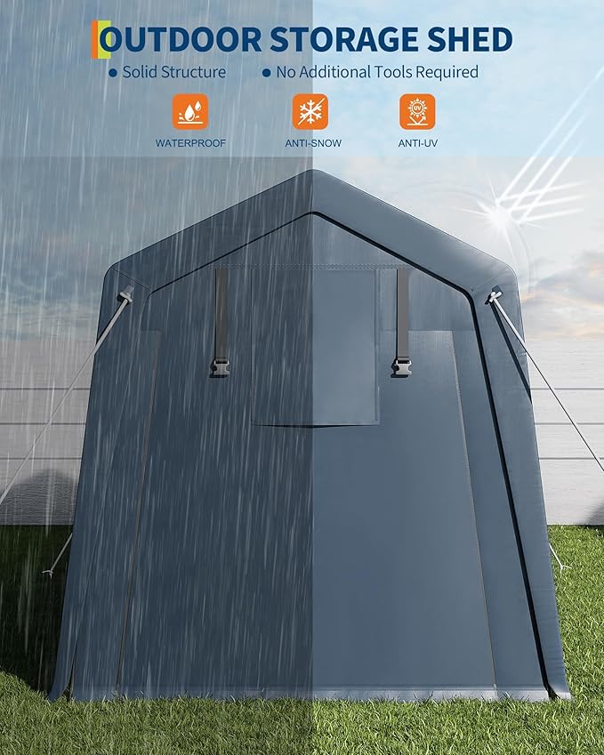 GarveeHome 6x6 FT Portable Outdoor Storage Shed with Roll-Up Zipper Door & Vent, 240G Heavy-Duty Shelter Waterproof PE Tarp, UV-Resistant Carport for Motorcycle, Firewood, Tools -Gray (Gray, 7x10)