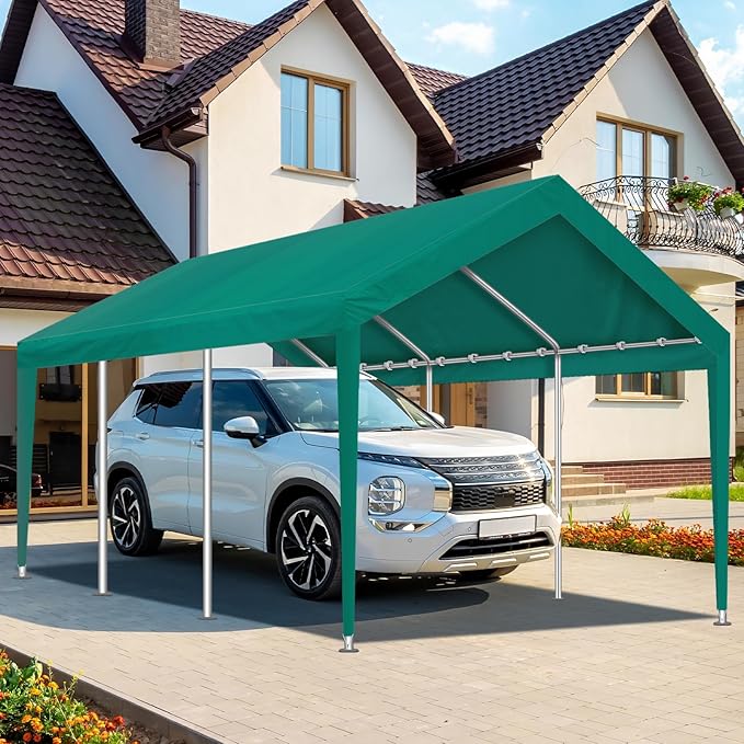 Carport Canopy Replacement Cover, Waterproof & UV Protected Garage Top Tarp Shelter Cover with Ball Bungee Cords, Car Cover Tent (Frame is not Included) (Green, 10'x20')