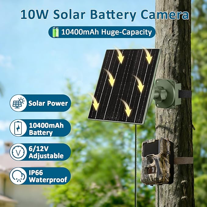 Zivif Solar Panel for Trail Camera, 10W Solar Charger Built-in 10400mAh Rechargeable Battery, 6V/12V Adjustable Output, USB-C & DC Plugs IP66 Waterproof, 360° Adjustable Mount