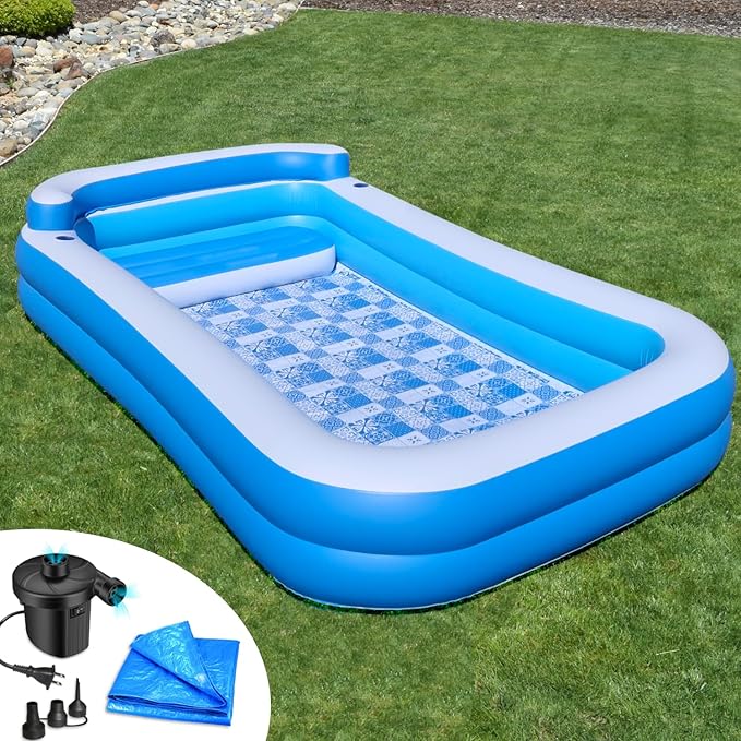 Inflatable Pool w/Bench Seat, 10ft x 6ft, Electric Pump & Ground Tarp Included - Fast Setup and Reinforced Seams