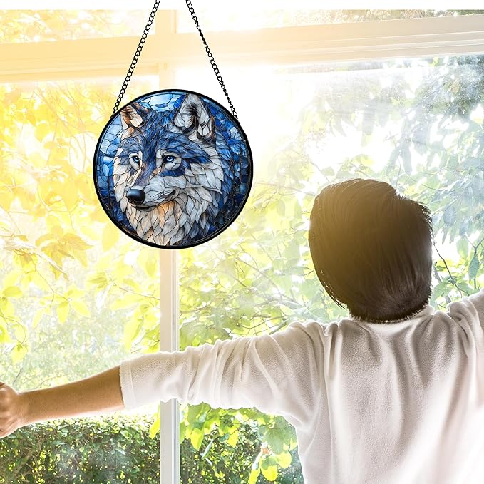 DASTOLL Stained Glass Window Hanging - Funny Wolf Suncatcher Ready to Hang Window Doors Home Decoration and Christmas, Mother's Day Birthday Gifts for Women, Men, and Mom 6.3x6.3 in