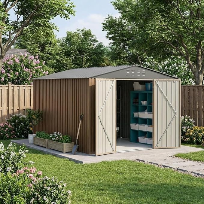 8x12 FT Outdoor Metal Storage Shed, Large Storage Sheds with Sturdy Frame Structure, Metal Garden Tool Shed with Lockable Door for Garden, Lawn, Backyard, Brown