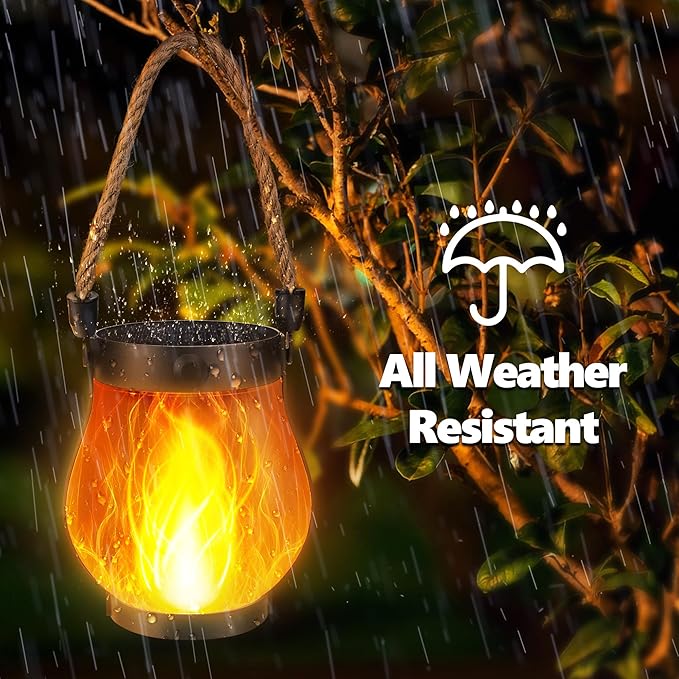 Jyoiat Solar Lanterns Outdoor Waterproof - 2 Pack Hanging Solar Flame Lights with Dual Charging Modes of Solar & USB for Garden Yard Patio Decorative (Warm White - 2 Pack)