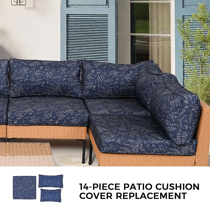 14 Piece Outdoor Patio Cushion Covers Replacement Waterproof with Zipper for 6-Seater Sectional Couch Chair Patio Furniture Conversation Sofa Seat Cushions Slipcovers Set, Only Cover