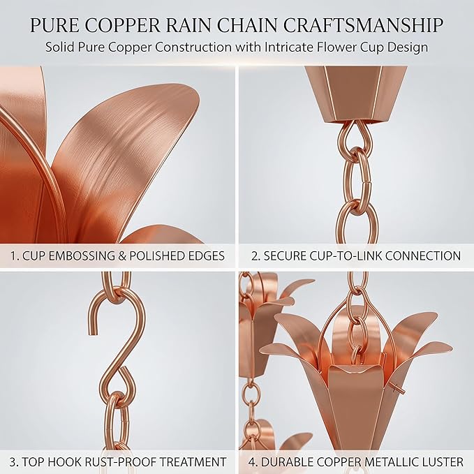 Topadorn 7.8FT Pure Copper Rain Chain with 11 Lily Cups, Decorative Downspout Water Diverter, Adjustable Outdoor Garden Patio Porch Water Feature