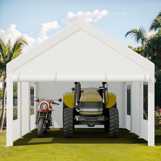 JY QAQA Carport, 12x20 FT Heavy Duty Carport with Removable Side Walls and Doors, Portable Garage with Roll-Up Window and Sandbags, Car Canopy with All-Season Tarp for Cars, Trucks, Boats, White
