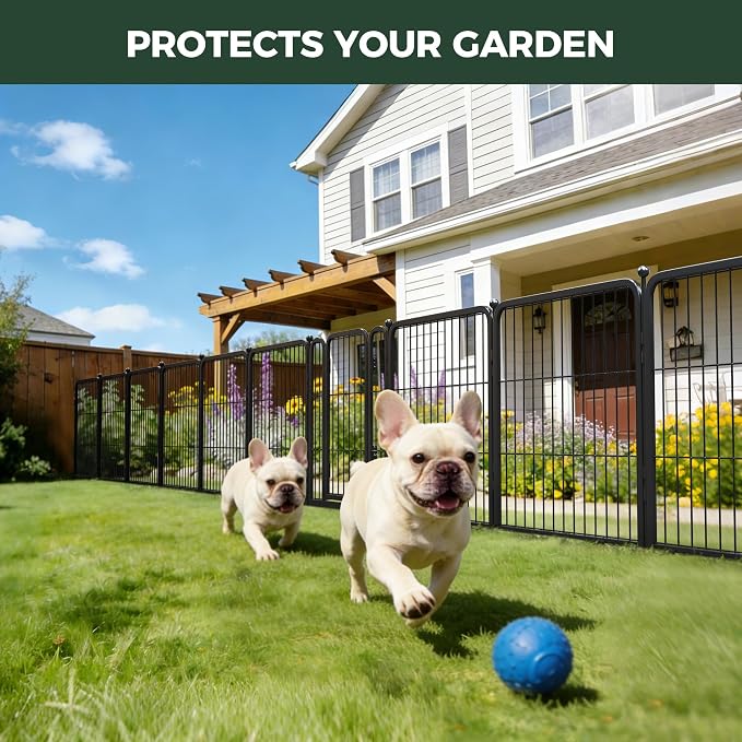 FXW Garden Fence Outdoor for the Yard – 24in(H) x 91.3ft(L) Heavy Duty Metal Animal Barrier for Dog, No Dig Decorative Dog Fence, 48 Panels, Black