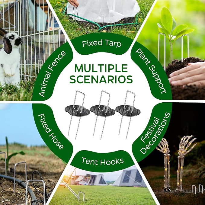 300 Pcs Garden Stakes Landscape Staples Set, 6 Inch 11 Gauge Heavy Duty Galvanized 150 U-Shaped Pins with 150 Gaskets for Weed Barrier Fabric, Grass Sod, Artificial Turf & Yard Landscaping