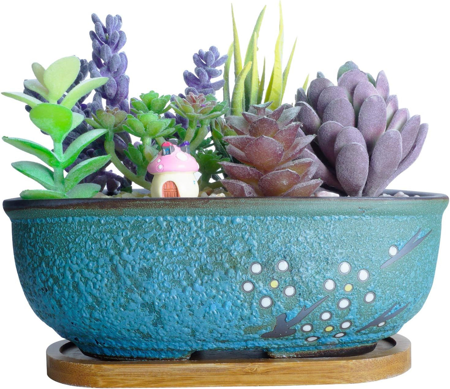 ARTKETTY Succulent Pots, 7.9" Rectangle Succulent Planters with Drainage Tray, Shallow Planters for Indoor Plants Ceramic Cactus Pots Bonsai Flower Plant Container for Home Windowsill Decor