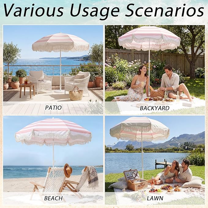 6.5 Ft Fringe Patio Umbrella and 71"x 91" Extra Large White Picnic Blanket UPF50+ Outdoor Tassels Ruffles Beach Umbrella with Steel Pole for Camping Patio Lawn Beach Park