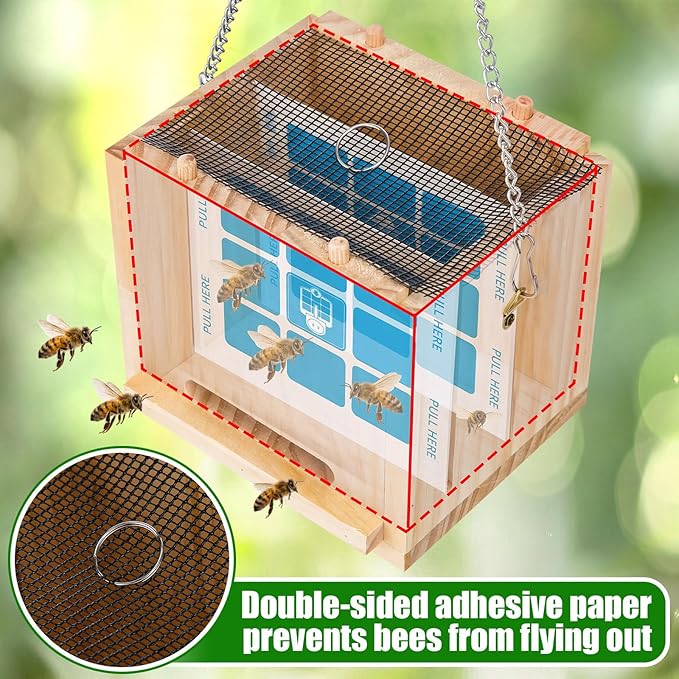 2 Pack Carpenter Bee Trap Outdoor (5.7" L x 4.3" w x 6" h) - Hanging Wooden Bee Catcher with Iron Wire, 2 Mesh Screens & 8 Sticky Pads Refills, Natural Pest Control for Wasps & Mud Daubers