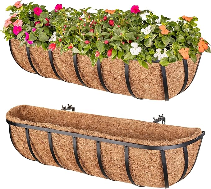 Legigo 2 Pack 24 Inch Window Boxes Railing Planter Box with Coconut Liner, Balcony Railing Planter Horse Trough Deck Window Planters, Metal Railing Hanging Flower Baskets for Outdoor Porch Fence Patio