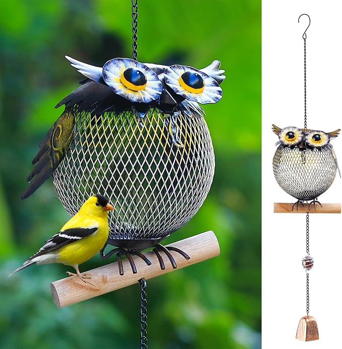 Solar Owl Bird Feeder Squirrel Proof for Outside - Unique Cute Metal Animal Shaped Wild Bird Feeder with Solar Light, Wind Chime, Gift for Bird Lovers(Owl)