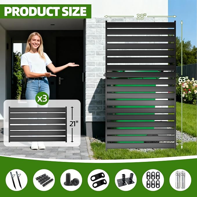 63" H x 38" W (1-Panels) Air Conditioner Fence Screen Trash Can Privacy Fence Panels, Suitable for Pools and Yards, no Digging Required，Black Privacy Panel