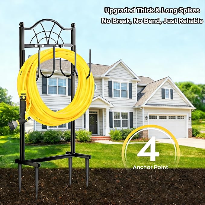 Garden Hose Holder,Upgraded Freestanding Hose Holder with 4 Spikes, Heavy Duty Metal Hose Reel,Sturdy Hose Stand Holds up to 100ft Hose for Outside,Yard & Lawn Garden,Black