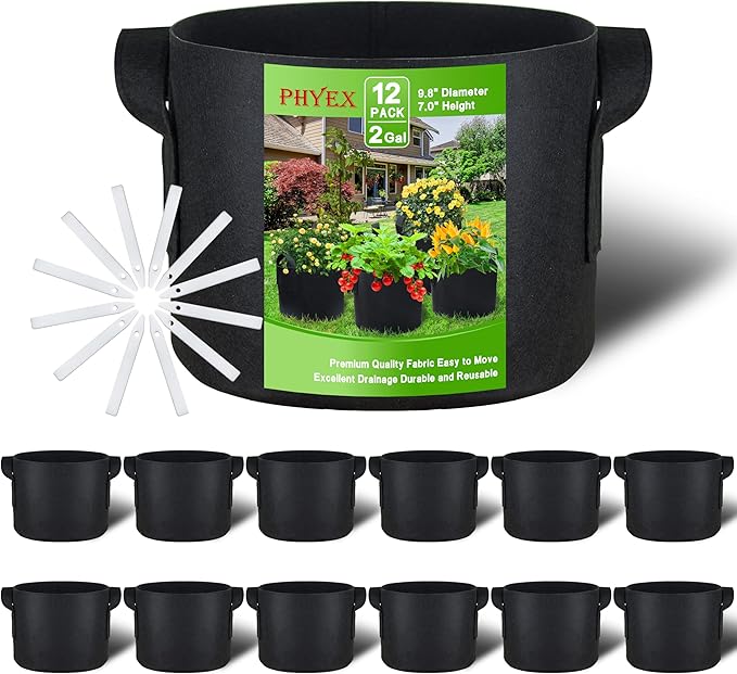 12-Pack 2 Gallon Grow Bags, Heavy Duty Fabric Pots with Handles, Reusable Plant Bags for Vegetable, Herbs & Flowers, BPA-Free, Breathable, Durable