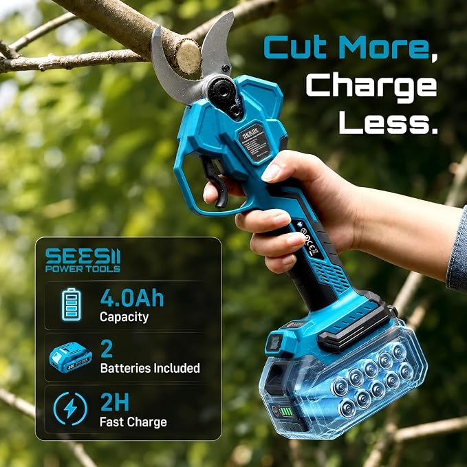 SEESII Electric Pruning Shears 1.8'' Cut, 20V Cordless Pruning Shears with Dual 4.0Ah Batteries, Brushless Motor, SK5 Blade, LCD Display, 4 Opening Modes for Tree Branch Trimming
