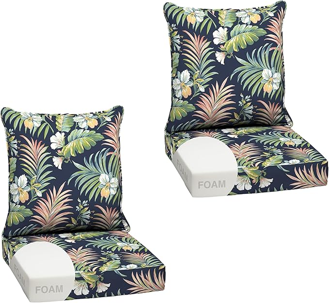 Arden Outdoor Foam Deep Seat Cushion Set (2-Pack), 24x24, Premium High-Density Foam, Never Flattens, Weather-Proof for Patio Chair Sofa Couch, Simone Blue Tropical