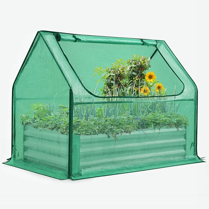 Quictent Raised Garden Bed with Cover Outdoor Galvanized Steel Planter Box Kit with Greenhouse Large Zipper Window Dual Use, 20pcs T-Type Tags & 1 Pair of Gloves Included 4x2.5x1 FT, Green