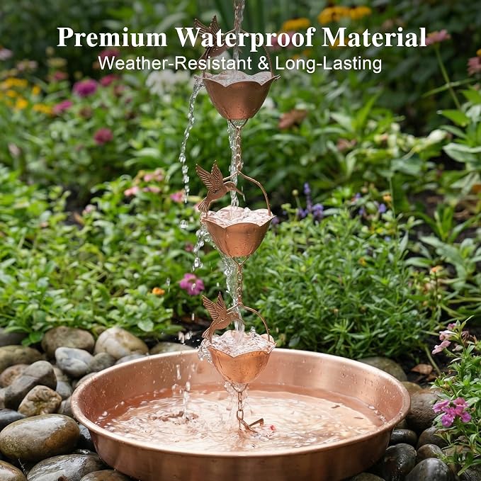 Topadorn Hummingbird Rain Chain, 7.85 ft Decorative Metal Gutter Chain with 12 Cups, Weatherproof Water Diverter for Outdoor Garden