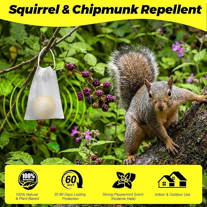 Squirrel Repellent Balls- Chipmunk & Rodent Deterrent for Outdoor & Indoor Use, Attic, Garden, Cars, Bird Feeders - Safe for Pets & Kids, Lasts 30-60 Days (18)
