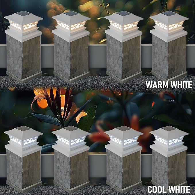 TW SHINE 6 Pack 4x4 Solar Post Cap Lights, 2 Modes White Solar Fence Lights Waterproof Warm White/Cool White for Yard, Garden, Porch Decor, for 5x5 6x6 Wood Posts