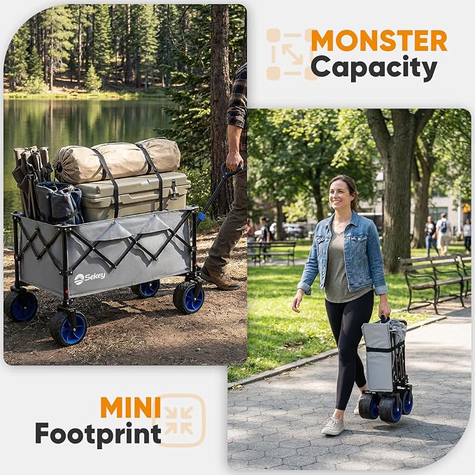 Sekey 150L Wagons Carts Foldable with Big All-Terrian Beach Wheels, Collapsible Heavy Duty Wagon, Extra Large Folding Wagon, Foldable Wagon for Camping, Garden, Sports. Gray