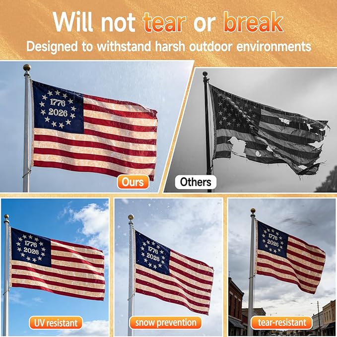 1776-2026 Vintage American Flag 3x5 FT for Outside Outdoor Heavy Duty, Anniversary USA Flag with Embroidered Stars,Sewn Stripes and 4-Row Stitching,All-Weather Durable Tear-Resistant UV-Resistant Indestructible Weatherproof Windproof High-Wind US Natio...