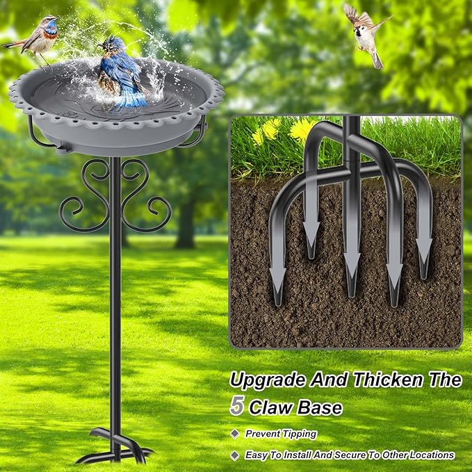 Bird Bath for Outside,Vintage Freestanding Birdbath & Birdfeeder, 40In Bird Baths Feeder with Detachable Plastic Bowl for Garden Patio Yard Lawn Decor, Upgraded 5-Pronged Base (Grey)