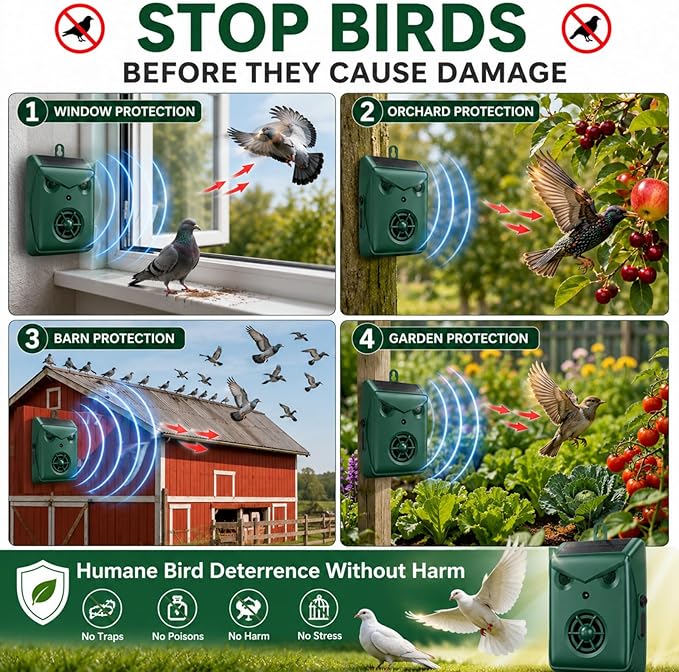 2026 Upgraded Solar Ultrasonic Bird Repellent Devices Outdoor,2 Pcs Woodpecker Deterrent for House,USB Charging & Waterproof Goose Pigeon Bird Deterrents for Outside,Birds Repeller for Garden Orchard