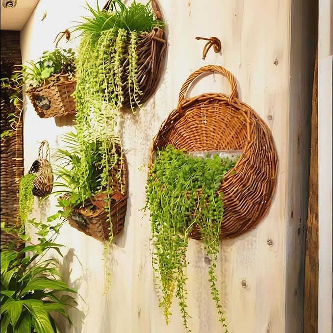 Wall Hanging Flower Basket, Handmade Wicker Hanging Basket for Plant Wall Mount Rattan Chlorophytum Comosum Hanging Basket for Front Door, Home, Garden. (L)