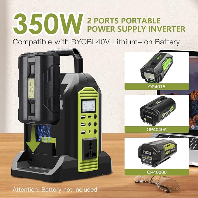WaxPar Power Inverter Compatible with Ryobi 40V Battery, 350W Outdoor Generators Convert DC 40V to AC 120V Pure Sine Wave Inverter with 6 Output Ports, LED Light for Camping Emergency