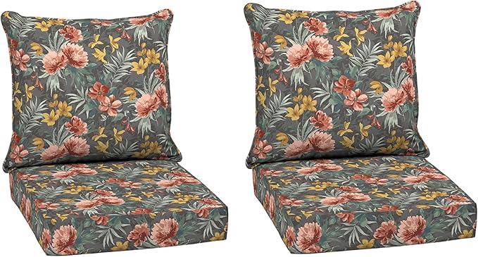 Arden Outdoor Deep Seat Cushion Set (2-Pack), 24 in x 24 in, Weather-Proof, Rain-Proof, Fade Resistant Patio Cushion for Chair, Sofa, and Couch Phoebe Grey Floral