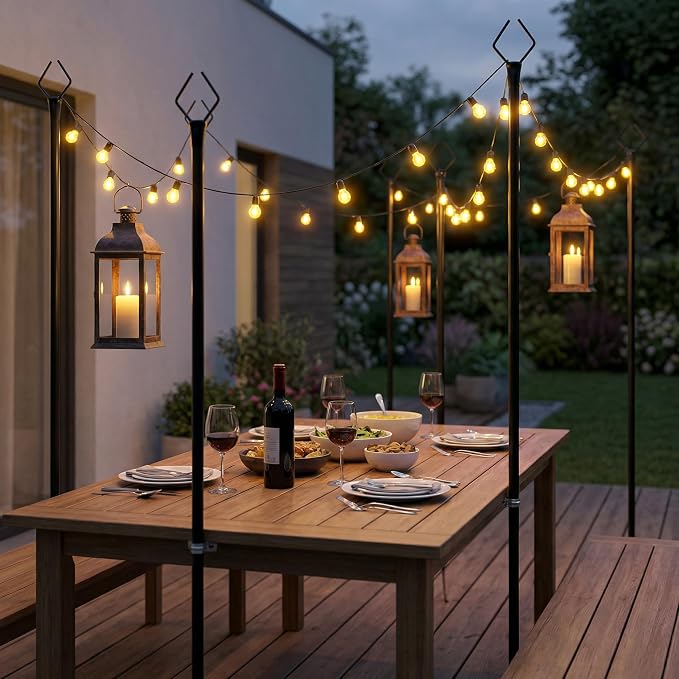 10FT Outdoor String Light Poles 4 Pack, Metal Light Stands with Fence Brackets for Hanging Lights, Patio, Pergola, Garden, Backyard, Yard & Camping Use