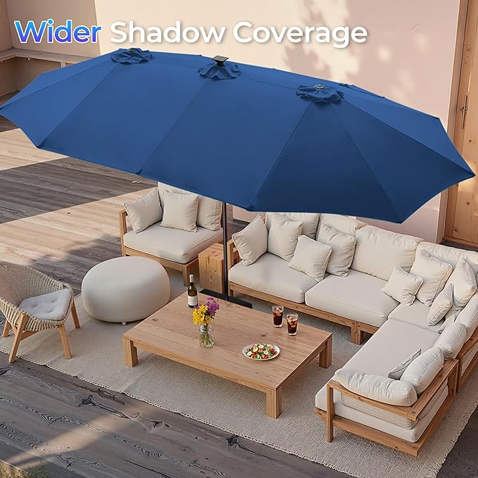 SUPERJARE 15ft Large Patio Umbrella with Base included, Double Sided Outdoor Umbrella with Solar Lights, Pool Umbrella with Fade Resistant Canopy for Deck, Porch, Yard, Balcony, Navy Blue