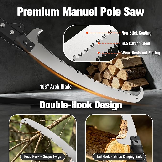 20FT Pole Saw for Tree Trimming, Extendable Tree Pruner with Double Hook Saw and 4-12FT Telescopic Pole, Manual Pole Saw for High Branches, Pruning Branch Cutter for Yard, Garden, Patios