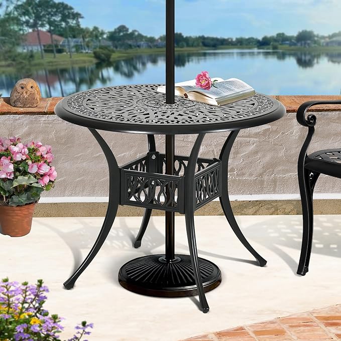 DWVO 35 Inch Outdoor Dining Table Cast Aluminum, Patio Round Bistro Table with Umbrella Hole for Backyard, Garden, Patio, Porch, Black