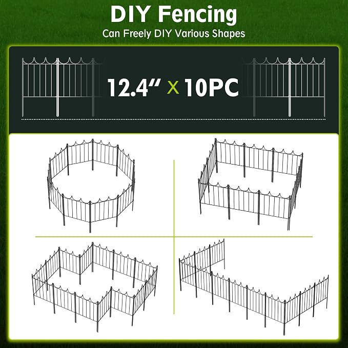 Decorative Garden Fence, 24in(H)×10.4ft(L), 10 Pack | No Dig Animal Barrier, For Dog & Rabbits, Flower Bed Border, Yard & Patio Landscaping