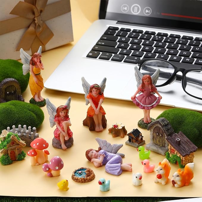 100 Pcs Fairy Garden House Resin Kit Glowing Tree House Miniature Garden Fairy Animals Garden Accessories Decor Outdoor Mini Landscape Ornaments