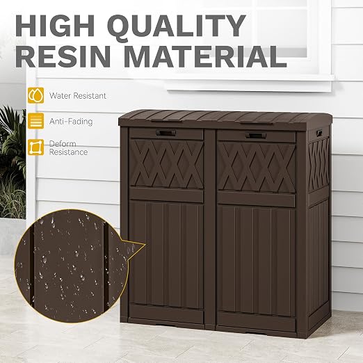 DWVO 76 Gallon Garbage Dual Can, Resin Outdoor Trash Can with Tiered Lid and Drip Tray, Waterproof Trash Bin for Patio, Kitchen, Backyard(Brown)