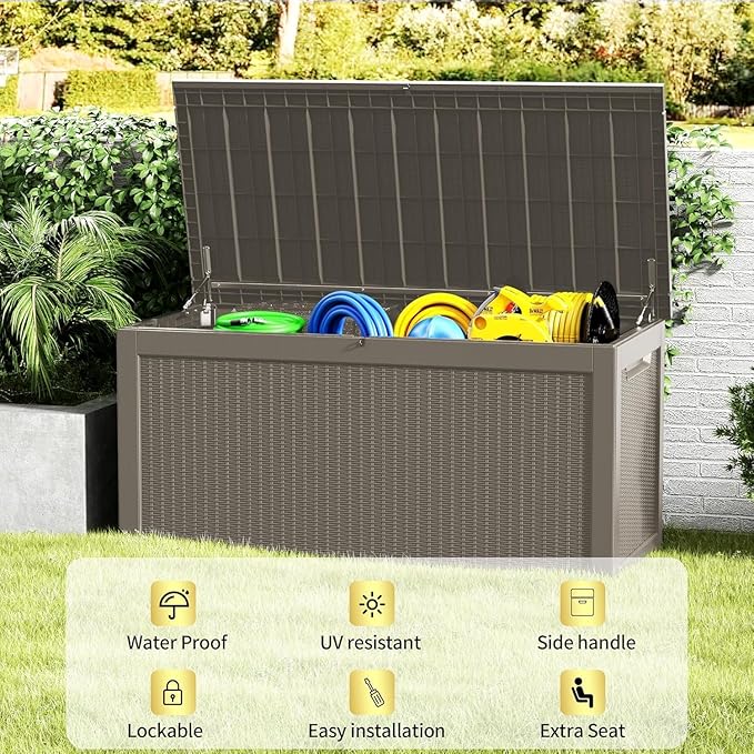 Outdoor Storage Box 325GAL Waterproof Resin Deck Box,Pool Accessories Supplies，UV-Resistant Lockable Package Delivery Bin for Garden Tools,Large Patio Outside Cushions,Chest,Furniture,Grey