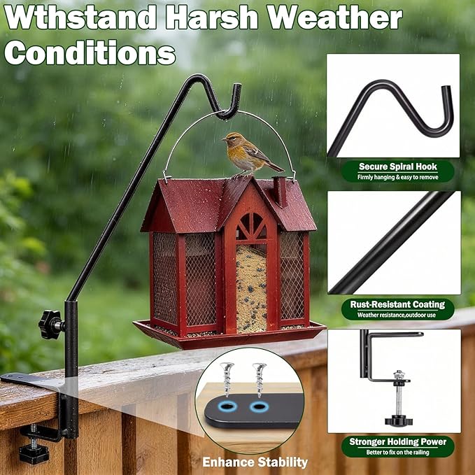 15 Inch Deck Hooks Hanger for Railing 2 Pack, Heavy Duty Shepherds Hooks for Outdoor Hanging Plants, 360° Swivel Adjustable Bird Feeder Pole Deck Railing Plant Hanger Bracket Outdoor