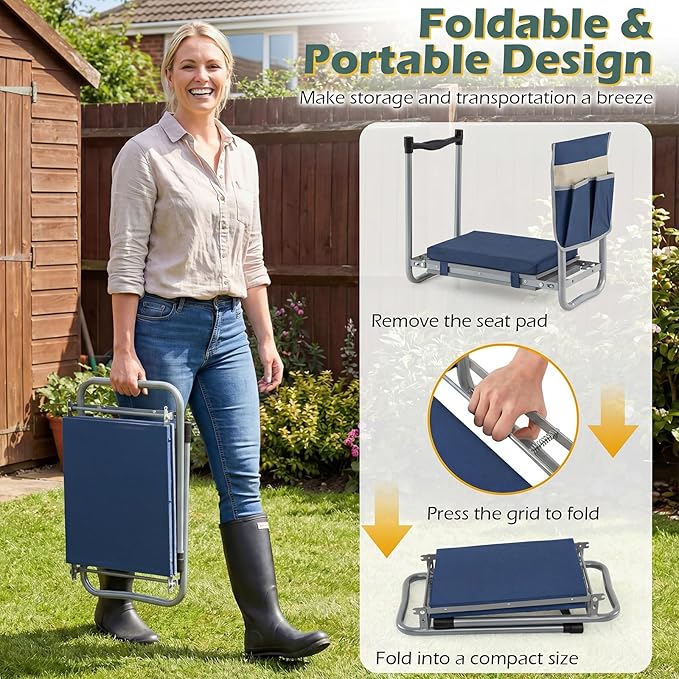 2-in-1 Garden Kneeler and Seat, Folding Garden Seat w/EVA Foam Kneeling Pad & Removable Tools Pouch, Sturdy Steel Frame, No Assembly, Portable Heavy Duty Garden Stool for Women Men Seniors