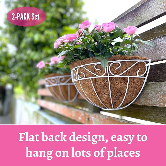 LalaGreen Bundle - 2 Pack,16 inch Wall Planter + 2 Pack,16 Inch White Hanging Basket with Coco Liner,Wall Mounted Extra Large Herb Flower Pots,Outsdie Garden Decor Rail Fence Deck Balcony Patio Porch