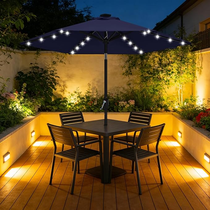 ABCCANOPY Durable Solar Led Patio Umbrellas with 24LED Lights 7.5FT with 6 Sturdy Ribs (Navy Blue)