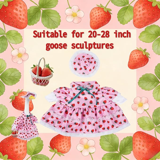 Summer Porch Goose Outfit for 23" Cement Statue Goose,Porch Goose Clothes with Strawberry Skirt and Hat for Spring Outdoor Yard Lawn Patio Decor（pink）
